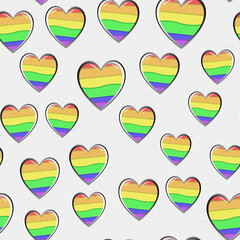 Seamless vector pattern with rainbow metallic hearts on a pink background. LGBT pride flag color illustration