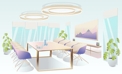Empty office with laptop, blackboard, coffee cup and water on table. Conference meeting room interior. Business meeting room. Company staff training. Big windows and plants. Vector illustration.