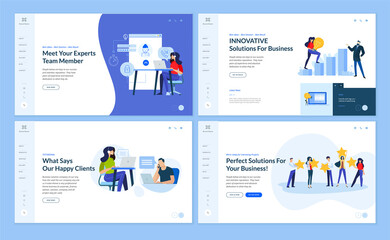 Set of website template designs of technical support, customer relations, business innovations, startup, project development. Vector illustration concepts for website and mobile website development. 