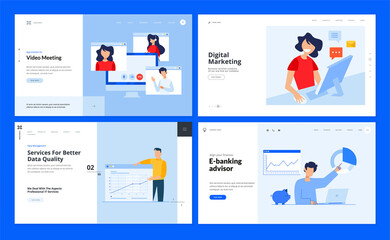 Set of website template designs of video meeting, digital marketing, data analysis, e-banking. Vector illustration concepts for website and mobile website development. 
