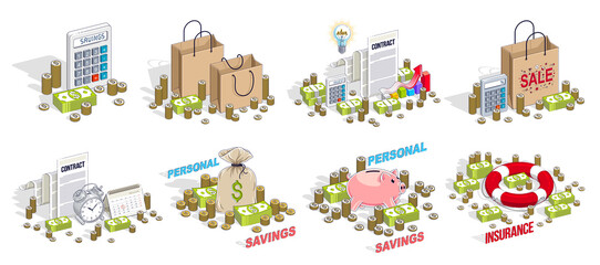 Different finance concepts illustrations 3D vector set isolated on white background, business and money conceptual designs collection, savings, bank, contract, income, safety, online.