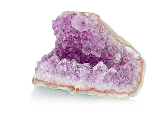  Natural amethyst crystal cluster on white background closeup 