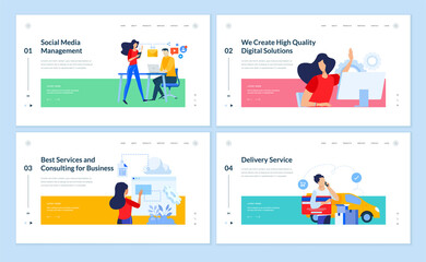Obraz na płótnie Canvas Set of website template designs of social media management, project development, business consulting, delivery service. Vector illustration concepts for website and mobile website development. 