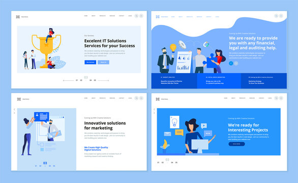 Set of website template designs of marketing, graphic and web design, social media, market analysis, digital solutions. Vector illustration concepts for website and mobile website development. 