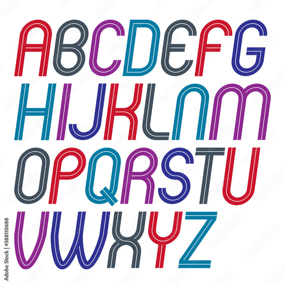 Poster set of vector upper case rounded delicate english alphabet letters made with white lines, can be use