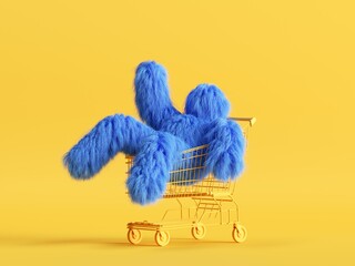 3d render, funny Yeti cartoon character sits inside the shopping cart, hairy blue monster toy. Sale concept. Commercial clip art isolated on yellow background - obrazy, fototapety, plakaty
