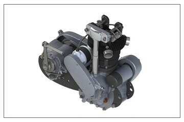 3D design of a motorcycle engine with exploded view.