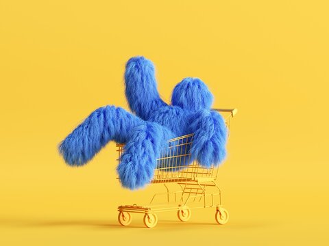 3d render, funny Yeti cartoon character sits inside the shopping cart, hairy blue monster toy. Sale concept. Commercial clip art isolated on yellow background