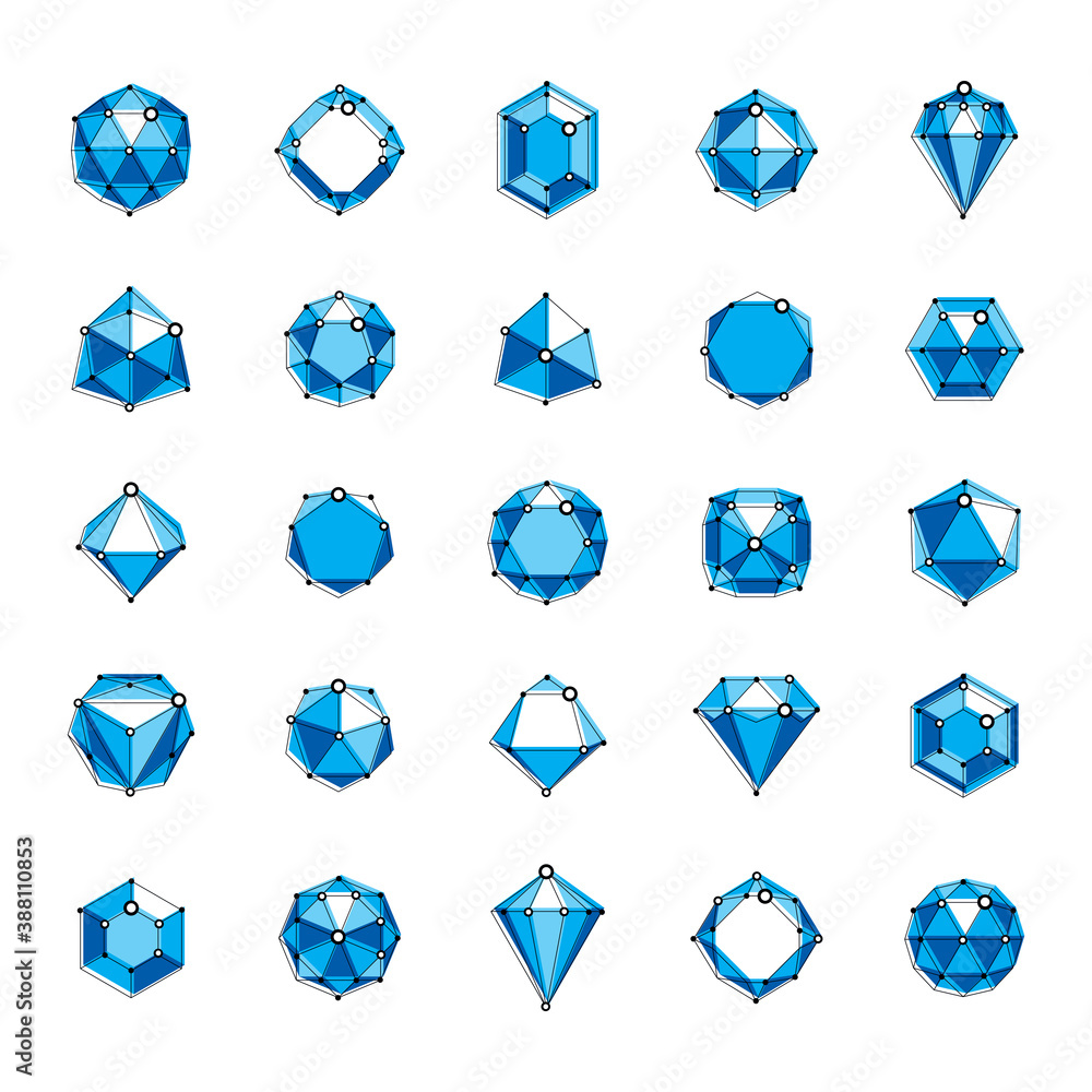 Poster set of faceted gemstone illustrations. collection of abstract vector low poly objects with lines and