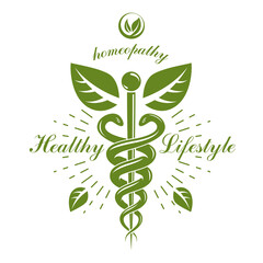 Aesculapius vector abstract logotype created using snakes and green leaves, Caduceus symbol. Healthy lifestyle is strong heart.