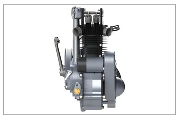 3D design of a motorcycle engine with exploded view.