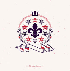 Retro vintage Insignia composed using lily flower, imperial crown and pentagonal stars. Vector royal quality idea design element, Fleur-De-Lis.