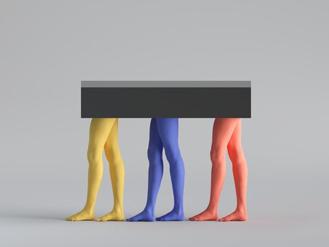 3d render, abstract minimal surreal fashion concept, funny contemporary art sculpture. Colorful human model legs. Empty podium, pedestal, table, product display, platform