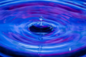 Water-drops, splash frozen in motion, blue and purple colours, with ripples and patterns  