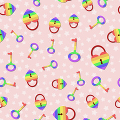 lock and key seamless vector pattern with rainbow LGBT hearts on pink background. Pride flag color illustration