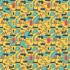 Yellow, pink, blue, green abstract seamless pattern with lines and dots