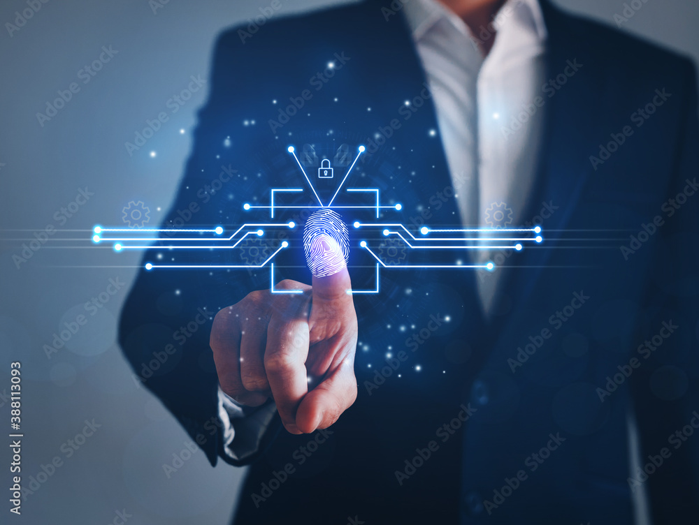 Poster businessman using fingerprint indentification to access personal financial data. innovation technolo