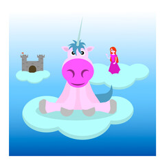 Happy unicorn, princess and castle on clouds