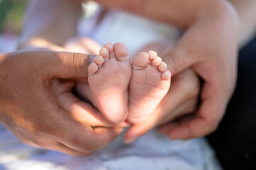 Baby feet held by parents’ hands. Outdoors. Sun beams