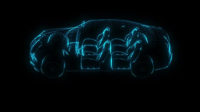 A 3d glowing car wireframe rotates on an alpha channel background in a seamless loop.