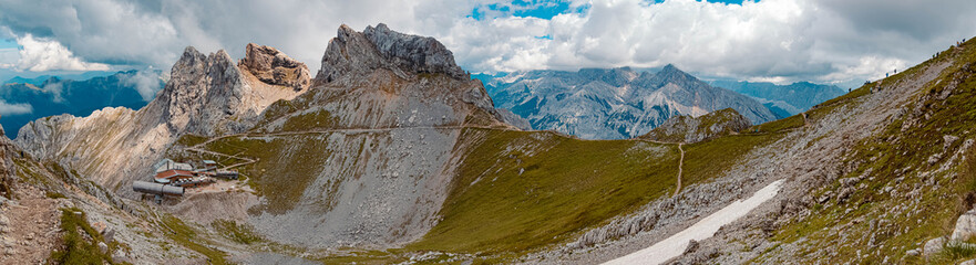 High resolution stitched panorama of a beautiful alpine summer view at the famous Karwendel summit...