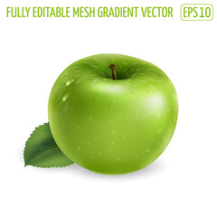 Green apple with a leaf on white background.