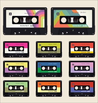 Pattern with old audio cassettes colorful background
