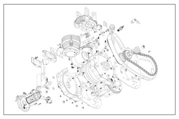3D design of a motorcycle engine with exploded view.
