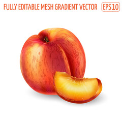 Whole peach with a slice on white background.