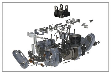 3D design of a motorcycle engine with exploded view.