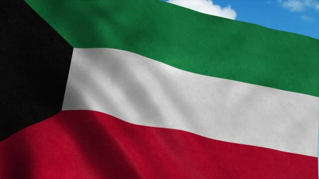 Kuwait flag waving in the wind, blue sky background. 4K