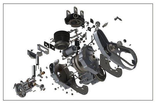 3D Design Of A Motorcycle Engine With Exploded View.