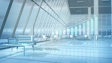 Virtual infographics in the office with a light interior.