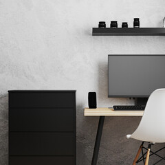 Workplace with PC on loft style wooden table with white chair, black chest of drawers and empty gray wall, work from home concpet, home interior, 3d rendering