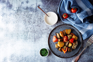 Eggplant tomato potato stew in the plate