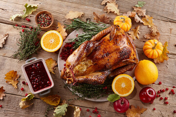 Roasted turkey dish for Thanksgiving dinner - obrazy, fototapety, plakaty