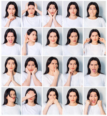 Fototapeta na wymiar Collage of beautiful woman with different facial expressions and gestures isolated on gray background. Set of multiple images