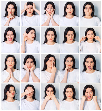 Collage of beautiful woman with different facial expressions and gestures isolated on gray background. Set of multiple images
