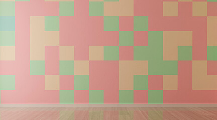 Minimal. living room interior with colored tiles wall. background.3d rendering.