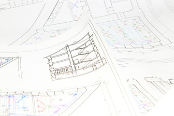 Architectural design, drawings, drawings are lying on the table. Construction Fund, engineering tools. top view