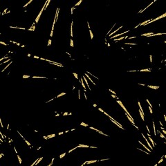 Gold glitter and black tropical seamless pattern. High quality illustration. Digital glitter texture in the shape of tropical palm tree leaves overlayed on a black background. Seamless design.