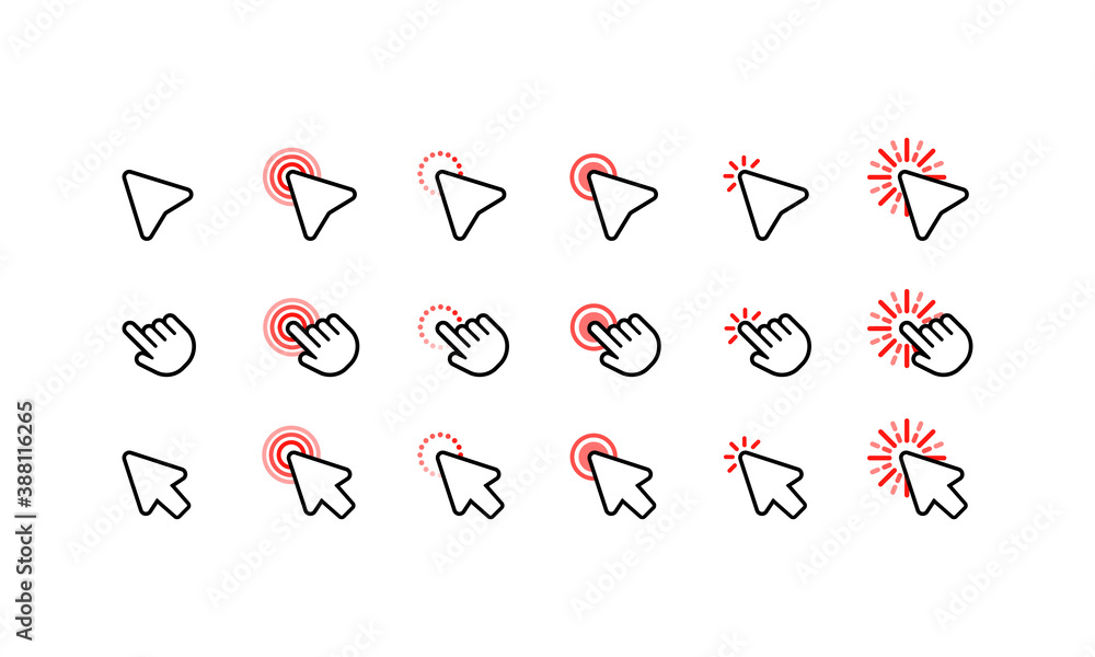 Poster computer mouse click cursor arrow icons set. pointer icon. cursor badge. mouse click cursor collecti