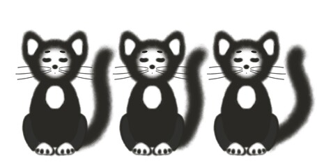 picture of three black, fluffy cats with white paws sitting in a row