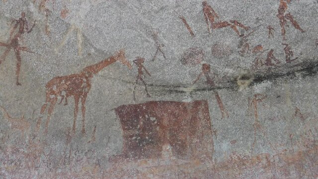 Pan from Nswatugi Cave Stone Age rock art at Matobo National Park in Zimbabwe