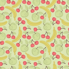 Seamless fruit pattern from bananas, apples, cherries. Vector background for your design, packaging, fabric, wallpaper