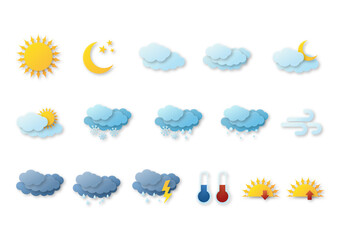 Set of  paper weather icons on white background. Contains icons of the sun, clouds, snowflakes, wind, rain, temperature and more.  For mobile apps, web and widgets.