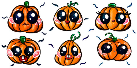 Fototapeta premium Set of six cute Halloween pumpkins. White background. 