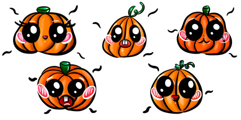 Set of five cute Halloween pumpkins. White background. 