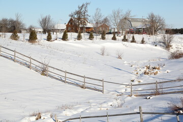 farm buildings in winter, rural Quebec