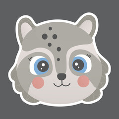Cartoon cute face of smiling little raccoon with big blue eyes and ruddy cheeks and white outline on a square dark brown background. For sticker, poster, children's design, postcard. Vector.